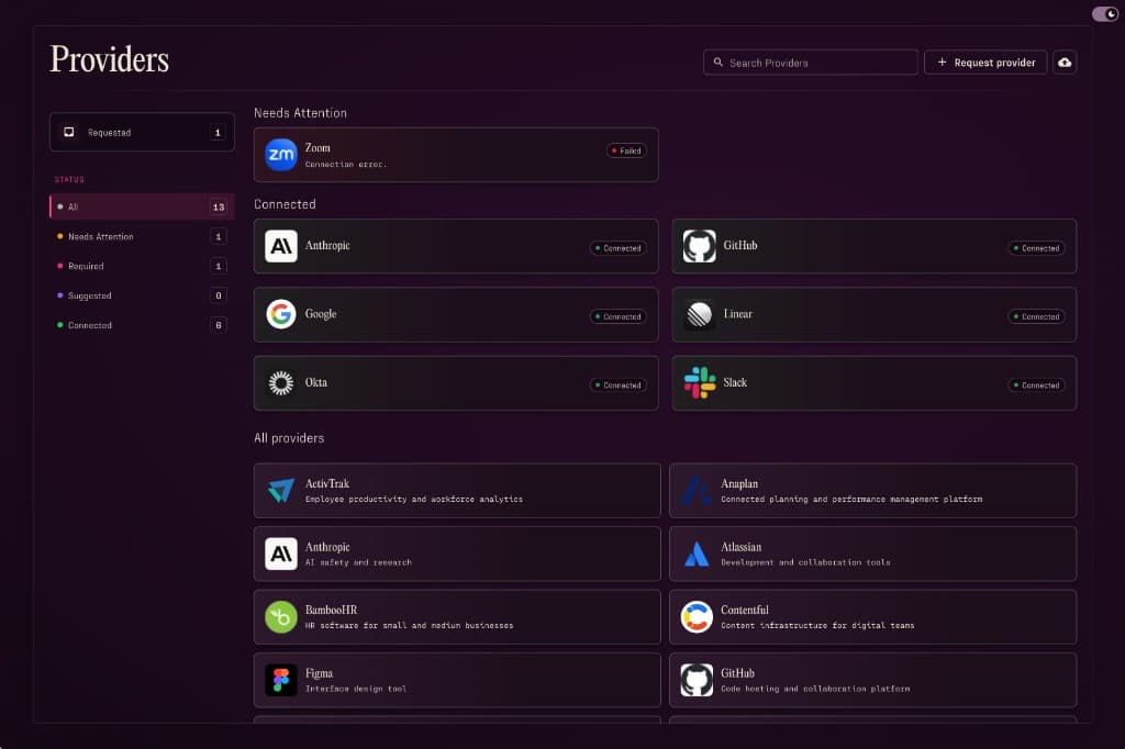 Providers dashboard showing connected enterprise systems and connector status